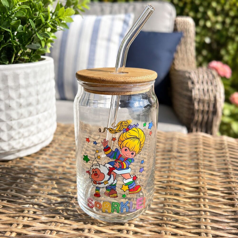 Rainbow Brite Hallmark Sparkle! 16 oz Glass Tumbler Bamboo Lid Glass Straw